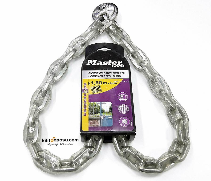 Master Lock 8017 - Isıl Alaşımlı Dövme Çelik Zincir 150cm x 8 mm Vinyl Kaplı +40 Krom Kilit  